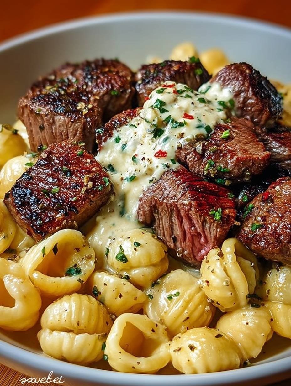 Garlic Butter Alfredo Shell Pasta with Savory Steak Bites image 2