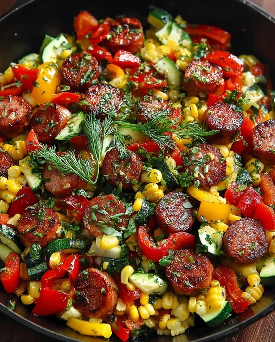 SUMMER DINNER - Sausage and Veggies Skillet with Bell Peppers Zucchini Corn. 30 Minutes One-Pan. image 2