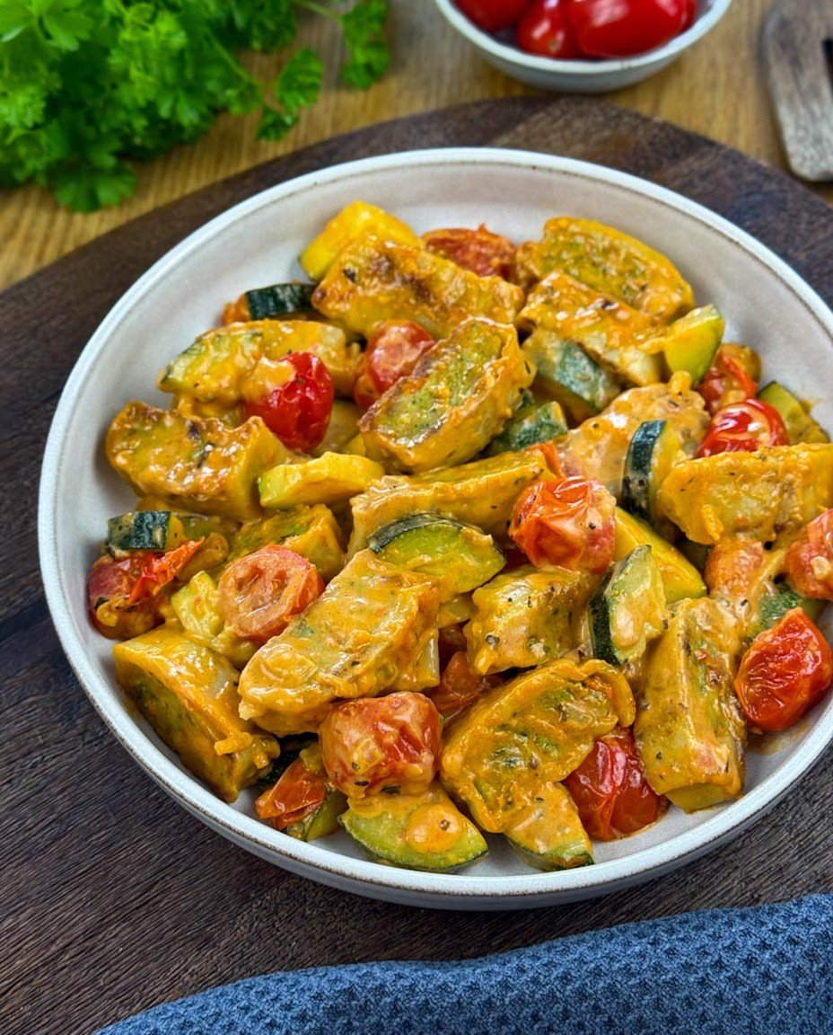 Cremige Maultaschenpfanne mit Zucchini und Tomaten image 2