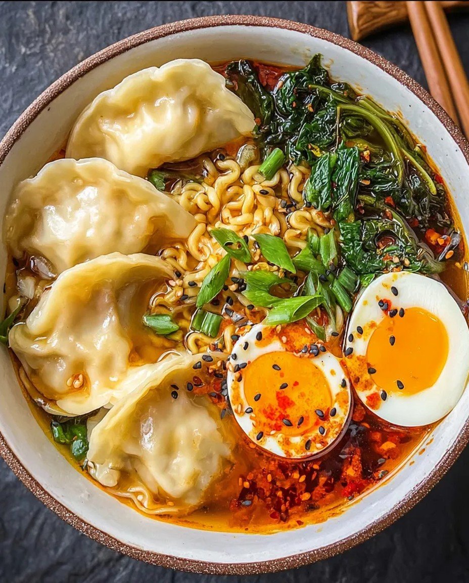 Herzhafte Ramen-Bowl mit Teigtaschen, perfekt weichen Eiern und frischem Grün image 2