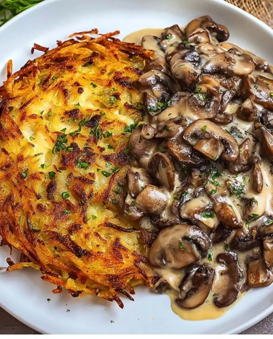 Mozzarella Rösti mit Zwiebel-Pilzrahmsoße: Einfaches vegetarisches Rezept image 2